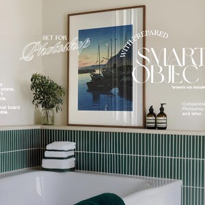 May include: A framed print of a Japanese woodblock print depicting a seascape with boats. The frame is set against a green tiled wall in a bathroom setting. The text "SET FOR Photoshop WITH PREPARED SMART OBJECT" is visible above the frame. The text "artwork not included" is below the frame. The text "Compatible with Photoshop CS6 and later." is below the artwork not included text.