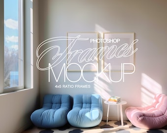Photoshop Frame Mockup 4x5 Ratio Two Vertical Frames | Wood Frame Mockup Template PSD Danish Pastel Reading Nook Interior Mockup