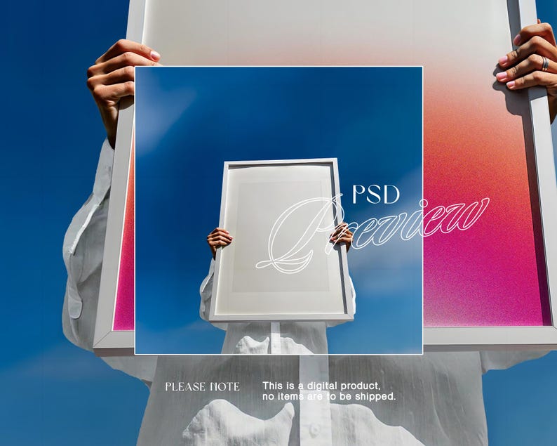 May include: A person holding a white framed artwork against a blue sky. The artwork has a white border and interior. The background has a pink, orange, and white gradient. The text "PSD Preview" is overlaid on the artwork. The text "PLEASE NOTE" is also visible.