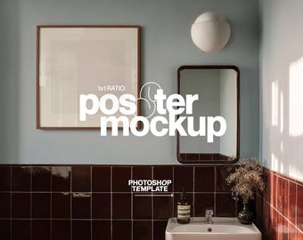 1x1 Poster Mockup: Square Frame in Moody Bathroom Scene Photoshop Template (Digital Download)