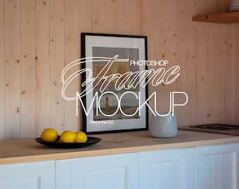 DIN A Black Frame Photoshop Mockup in Kitchen Scene with Bowl of Citrus | ISO Vertical Frame PSD Template for Art and Prints Display