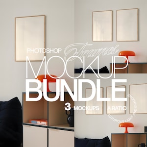 Könnte beinhalten: Drei Holzrahmen-Mockup-Set mit weißem Hintergrund. Die Rahmen befinden sich auf einem Regal mit einer Lampe und Büchern. Die Rahmen haben unterschiedliche Größen und sind alle vertikal ausgerichtet. Der Text "Frames Mockup Bundle" ist in Weiß auf schwarzem Hintergrund geschrieben.