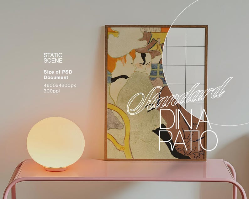 Puede incluir: Una impresi&oacute;n enmarcada de una pintura abstracta colorida con una superposici&oacute;n de cuadr&iacute;cula blanca. La impresi&oacute;n est&aacute; colgada en una pared rosa sobre una mesa rosa con una l&aacute;mpara de globo blanca.