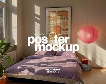 DIN A Poster Mockup for Photoshop: Vertical Art Template in Vibrant Bedroom Scene (Digital Download)