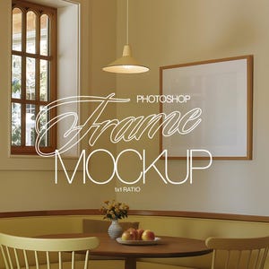 1x1 Frame Mockup Photoshop Template for Art and Prints Display in Dining Nook Interior Scene | Square Frame PSD Mockup