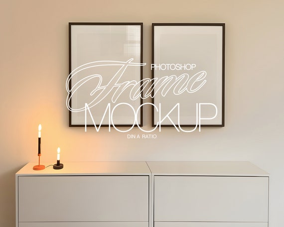 Two DIN A Frames Photoshop Mockup Template for Art and Prints | Set of Two A2 Frame Mockup PSD Template Retro Interior Scene