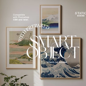 May include: Three framed Japanese woodblock prints, each depicting a different scene. The prints are in a light wood frame and are hanging on a white wall. The text "STATIC SCENE" is in the top right corner of the image. The text "WITH PREPARED SMART OBJECT *artwork not included*" is in the center of the image.