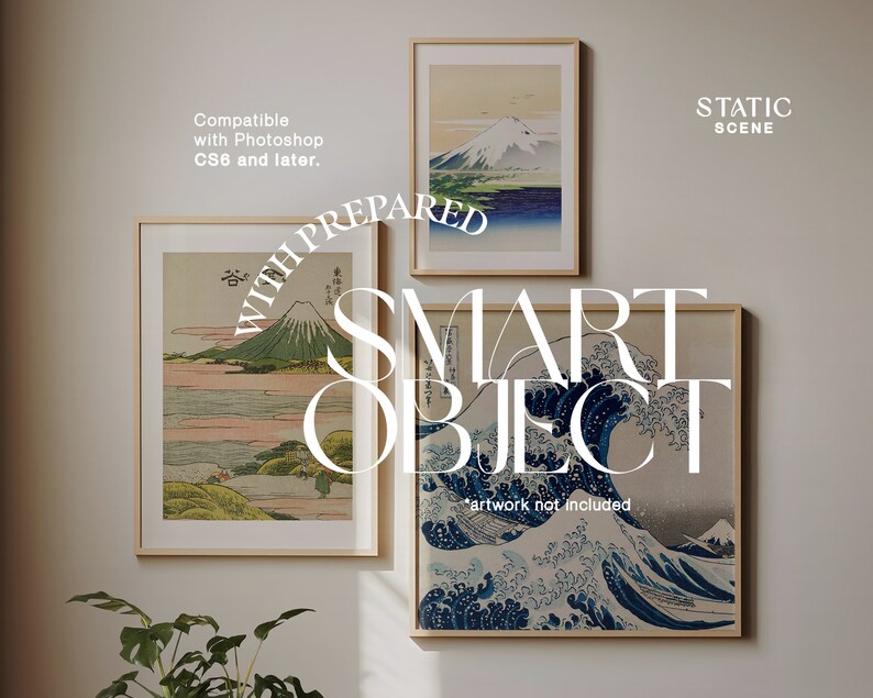 May include: Three framed Japanese woodblock prints, each depicting a different scene. The prints are in a light wood frame and are hanging on a white wall. The text "STATIC SCENE" is in the top right corner of the image. The text "WITH PREPARED SMART OBJECT *artwork not included*" is in the center of the image.