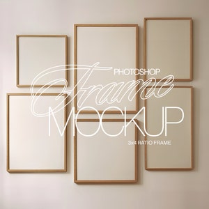 Maqueta de marco de pared de galería simple / Plantilla de marco clásico Boho para Photoshop / Escena de maqueta de marco de madera clara