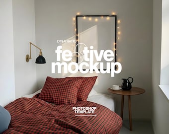 DIN A Black Frame Photoshop Mockup: Vertical Poster in Festive Bedroom Template (Digital Download)