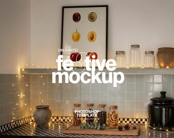 DIN A Poster Mockup for Photoshop: DIN A Frame Template in Festive Kitchen Scene (Digital Download)