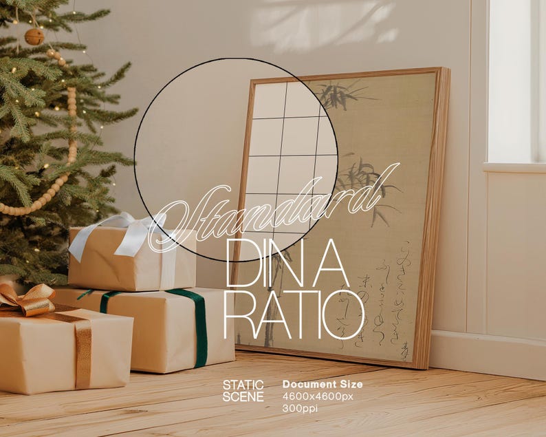 May include: A framed print with black and white calligraphy on a beige background. The print is hanging on a white wall next to a Christmas tree with white lights. There are three wrapped gifts in front of the print, one with a gold ribbon and two with green ribbon.