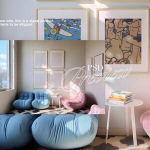 May include: A living room interior with a large window, three framed pictures on the wall, a white coffee table with books on top, and four blue and pink poufs. The text "PSD Preview" is visible in the image.
