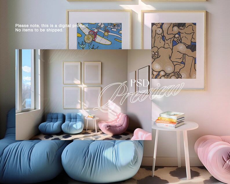 May include: A living room interior with a large window, three framed pictures on the wall, a white coffee table with books on top, and four blue and pink poufs. The text "PSD Preview" is visible in the image.