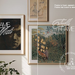 May include: Two framed artwork displays with a white background. The left frame has a black and white portrait with the text "FRAME WITH Mat" in white. The right frame has a colorful landscape painting with the text "Full FRAME" in white. The text "LUXURIOUS LIGHT AND SHADOWS 2 LAYOUTS FULL FRAME & MAT BOARD" is in white on a black circle.