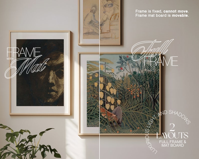 May include: Two framed artwork displays with a white background. The left frame has a black and white portrait with the text "FRAME WITH Mat" in white. The right frame has a colorful landscape painting with the text "Full FRAME" in white. The text "LUXURIOUS LIGHT AND SHADOWS 2 LAYOUTS FULL FRAME & MAT BOARD" is in white on a black circle.
