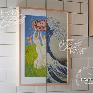 May include: A framed print of a Japanese woodblock print depicting a large wave crashing against a smaller boat. The print is in a light wood frame and is hanging on a white tiled wall. The text "ILLULES OUR PERSONNES ALES" is visible on the print.