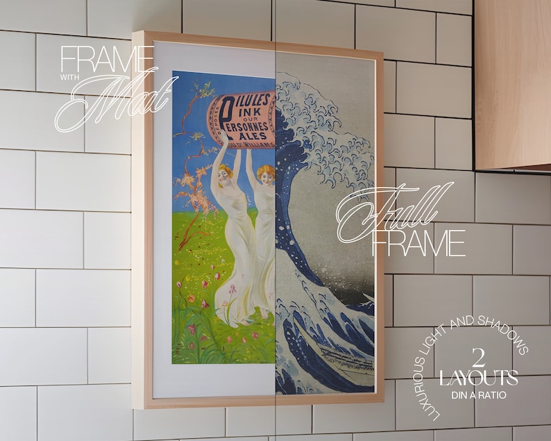 May include: A framed print of a Japanese woodblock print depicting a large wave crashing against a smaller boat. The print is in a light wood frame and is hanging on a white tiled wall. The text "ILLULES OUR PERSONNES ALES" is visible on the print.
