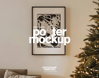 DIN A Black Frame Mockup: Minimalist Christmas Scene Photoshop Template (Digital Download)