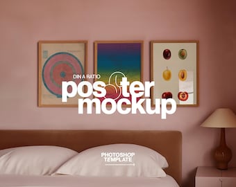 Three Frame Mockup: DIN A Poster Template in Bedroom Scene for Photoshop (Digital Download)