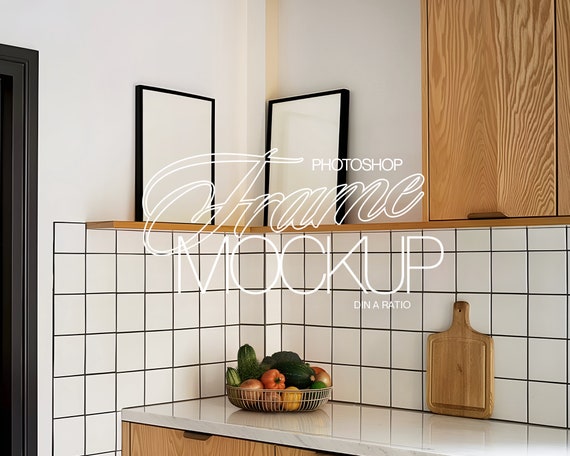 DIN A Black Frame Photoshop Mockup Kitchen Scene for A4 Wall Art Diplay | ISO A4 Frame Mockup PSD Template