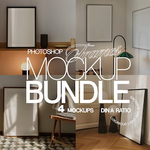 May include: Four different photo frame mockups in a room setting. The frames are in various sizes and styles, with some featuring a white background and others with a black background. The frames are placed on a shelf, a table, and a floor, with some featuring a light source shining on them. The text "PHOTOSHOP Frames MOCKUP BUNDLE 4 MOCKUPS DIN A RATIO LUXURIOUS LIGHT AND SHADOWS" is visible in the image.