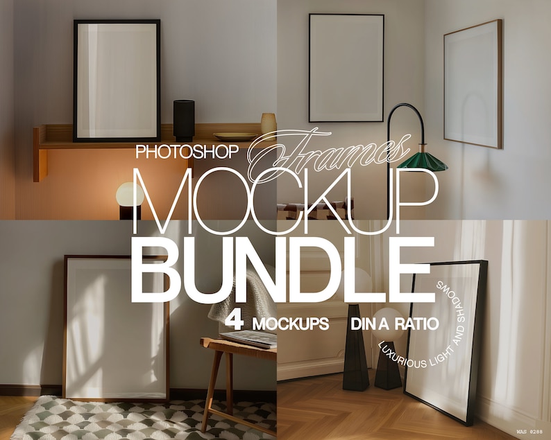 May include: Four different photo frame mockups in a room setting. The frames are in various sizes and styles, with some featuring a white background and others with a black background. The frames are placed on a shelf, a table, and a floor, with some featuring a light source shining on them. The text "PHOTOSHOP Frames MOCKUP BUNDLE 4 MOCKUPS DIN A RATIO LUXURIOUS LIGHT AND SHADOWS" is visible in the image.