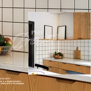 May include: A kitchen interior with white subway tile backsplash, wood cabinets, and a white countertop. A basket of fruit sits on the countertop. The text "PSD Preview" is written in white on a black background.