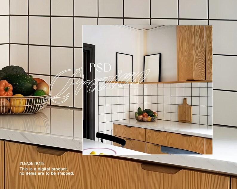 May include: A kitchen interior with white subway tile backsplash, wood cabinets, and a white countertop. A basket of fruit sits on the countertop. The text "PSD Preview" is written in white on a black background.