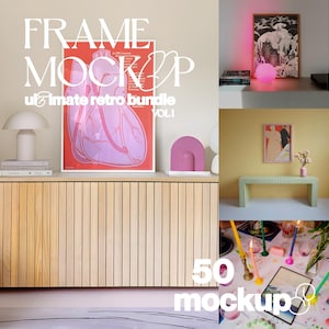 May include: A set of 50 retro frame mockups featuring various styles and colors. The mockups are displayed on a variety of surfaces, including a wooden cabinet, a green table, and a pink table. The mockups are perfect for showcasing artwork, photos, and other designs.