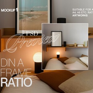 DIN A Frame Ratio Photoshop Mockup Bundle of Four Interior Scenes | Warm and Classic Frame PSD Template Pack for Wall Art Display image 2