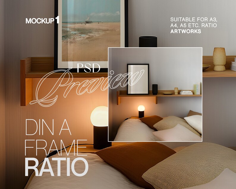 DIN A Frame Ratio Photoshop Mockup Bundle of Four Interior Scenes | Warm and Classic Frame PSD Template Pack for Wall Art Display image 2