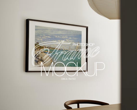 DIN A Landscape Frame Photoshop Mockup in Minimalist Japandi Dining Scene | A1 Frame Mockup PSD Template for Art and Prints Display
