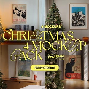 Könnte beinhalten: Vier Weihnachts-Foto-Mockups zur Verwendung in Photoshop. Die Mockups zeigen eine Vielzahl von Rahmen und Umgebungen, darunter ein gerahmtes Poster mit einer schwarzen Katze und dem Text "Chat Noir", ein gerahmtes Poster mit Retro-Design und ein gerahmtes Poster mit einer Bergszene. Die Mockups sind perfekt, um Ihre Weihnachtsdesigns zu präsentieren.