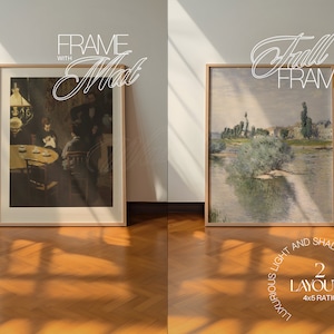 May include: Two framed artwork prints, one with a mat and one without. The print with a mat shows a group of people sitting around a table, while the print without a mat shows a river scene with trees and a cloudy sky. The text "FRAME WITH MAT" is written above the first print, and the text "FULL FRAME" is written above the second print. The text "LUXURIOUS LIGHT AND SHADOWS 2 LAYOUTS 4x5 RATIO" is written below the prints.
