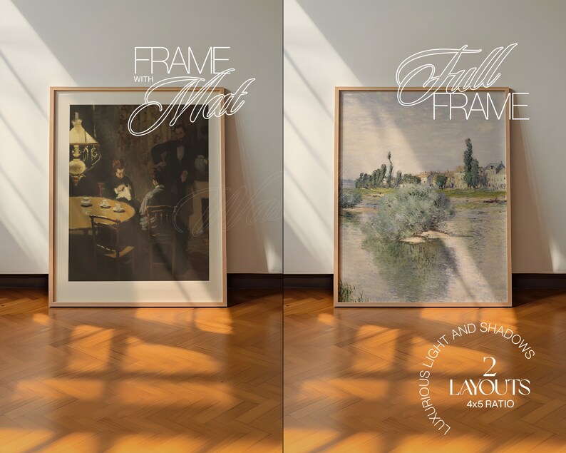 May include: Two framed artwork prints, one with a mat and one without. The print with a mat shows a group of people sitting around a table, while the print without a mat shows a river scene with trees and a cloudy sky. The text "FRAME WITH MAT" is written above the first print, and the text "FULL FRAME" is written above the second print. The text "LUXURIOUS LIGHT AND SHADOWS 2 LAYOUTS 4x5 RATIO" is written below the prints.