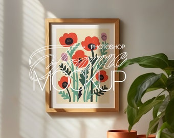 Träram PSD Mockup-mall med solljus och växter inredningsscen för utskrifter och konstverk