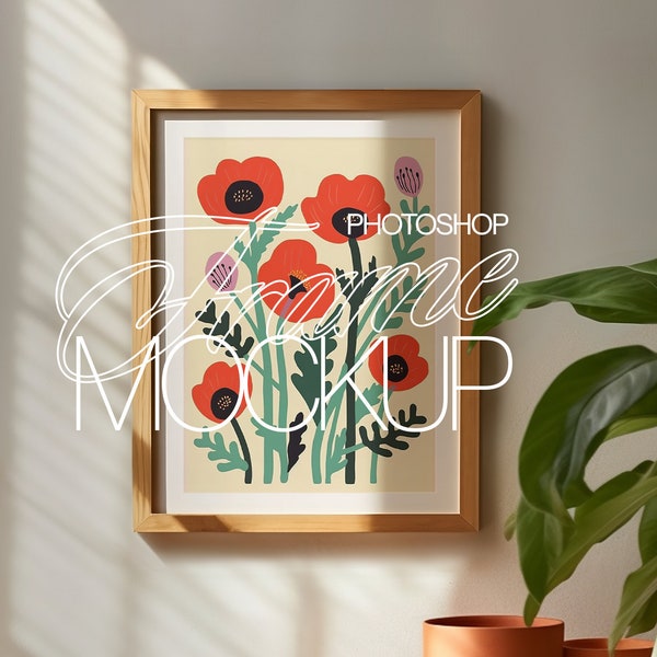 Wood Frame PSD Mockup Template with Sunlight and Plants Interior Scene for Prints and Artwork
