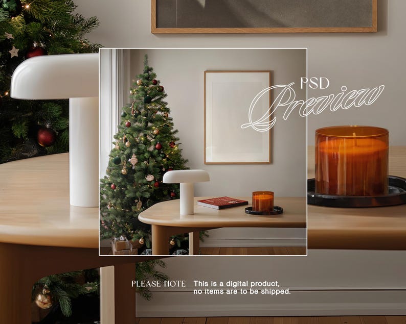 May include: A white table lamp with a white shade sits on a wooden table next to a decorated Christmas tree. A framed picture hangs on the wall behind the table. The text "PSD Preview" is written in white on a black background.