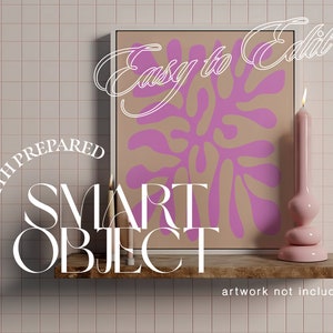 May include: A white frame with a pink and brown abstract design. The text "Easy to Edit" is written in white cursive above the design. The text "With Prepared Smart Object" is written in white below the frame. A pink candle sits on a wooden shelf below the frame.