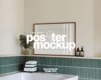 Landscape Wood Frame Mockup: DIN A Poster Template Classic Bathroom Scene for Photoshop (Digital Download)