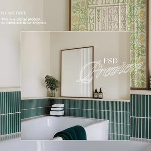 May include: A white bathtub with a green tiled surround. There are two bottles of liquid soap on a shelf above the tub. A framed print with a floral design and a calendar is hanging on the wall above the shelf. The text "PLEASE NOTE This is a digital product, no items are to be shipped." is printed on the wall.