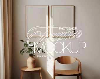 Two Frame Mockup | Vertical Frame Mockup Photoshop | Wood Frame PSD Template | DIN A Ratio Frame Mockup with Chair and Plants
