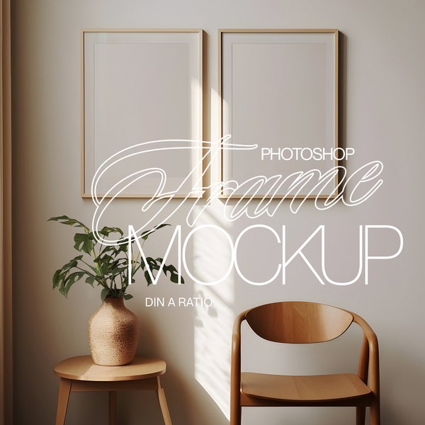 Two Frame Mockup | Vertical Frame Mockup Photoshop | Wood Frame PSD Template | DIN A Ratio Frame Mockup with Chair and Plants