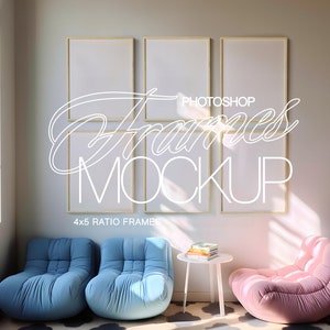 May include: Four gold picture frames with white mats are hanging on a white wall. The frames are arranged in a rectangle shape. Two blue armchairs and a pink armchair are in front of the wall. The text "Frames Photoshop Mockup 4x5 Ratio Frames" is printed below the frames.