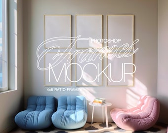 PSD Mockup of 6 Frames in Danish Pastel Retro Interior | 4x5 Frame Mockup for Photoshop | 6 Frame Mockup Template for Art and Printables
