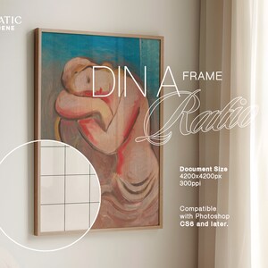 May include: A framed painting of a woman in a blue, pink and white colour scheme. The painting is in a wooden frame and is titled "DIN A FRAME". The document size is 4200x4200 pixels at 300ppi. It is compatible with Photoshop CS6 and later.