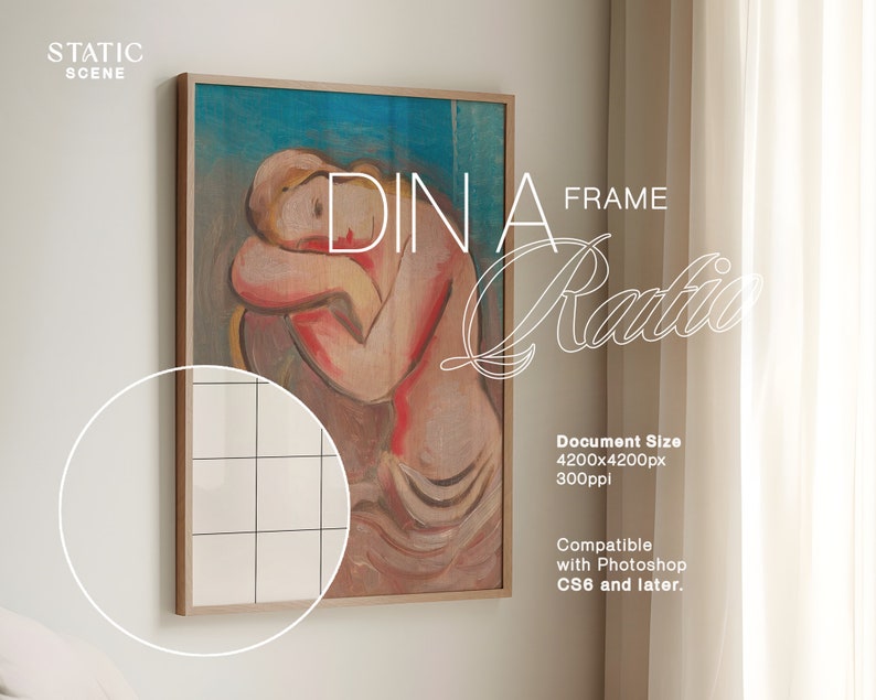 May include: A framed painting of a woman in a blue, pink and white colour scheme. The painting is in a wooden frame and is titled "DIN A FRAME". The document size is 4200x4200 pixels at 300ppi. It is compatible with Photoshop CS6 and later.