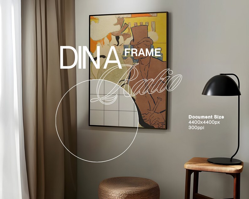 May include: A framed vintage poster with a yellow, orange, and brown color scheme. The poster features a man wearing a top hat and a suit. The text "DINA FRAME" is superimposed on the image.