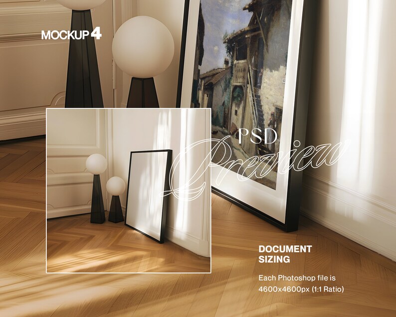 DIN A Frame Ratio Photoshop Mockup Bundle of Four Interior Scenes | Warm and Classic Frame PSD Template Pack for Wall Art Display image 5